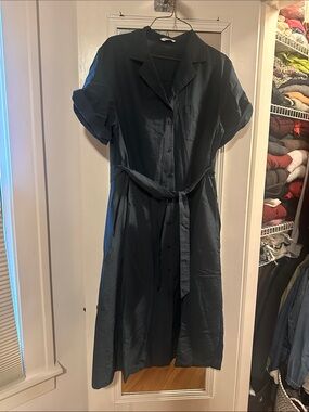 Women's Button-Front Midi Shirt Dress with Self Tie in Turquoise
